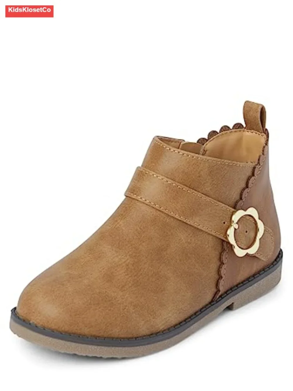 Toddler Faux Leather Ankle Boots with Flower Buckle Side Zipper